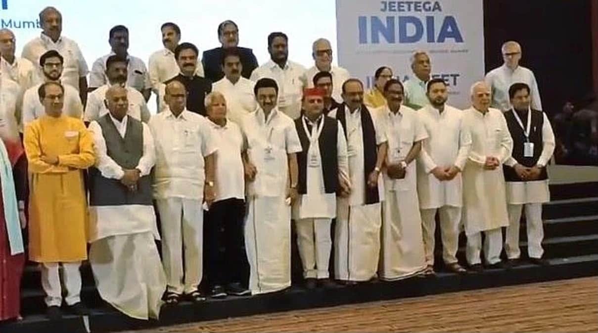 Leaders of the india alliance posing together during a meeting in delhi