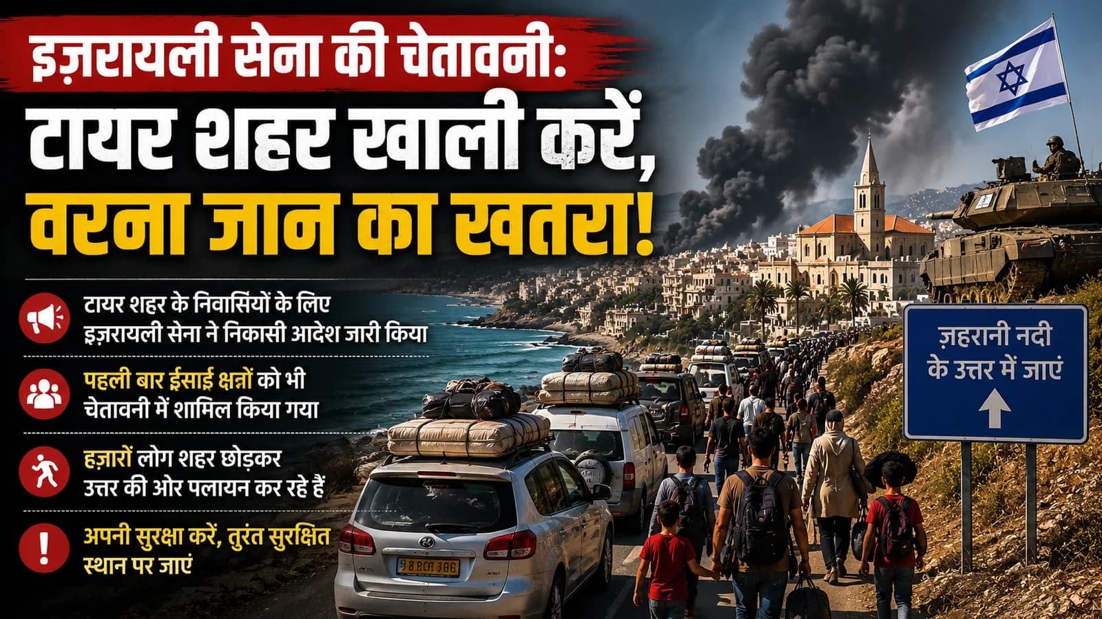 इज़रायली सेना की चेतावनी: टायर शहर खाली करें, वरना जान का खतरा