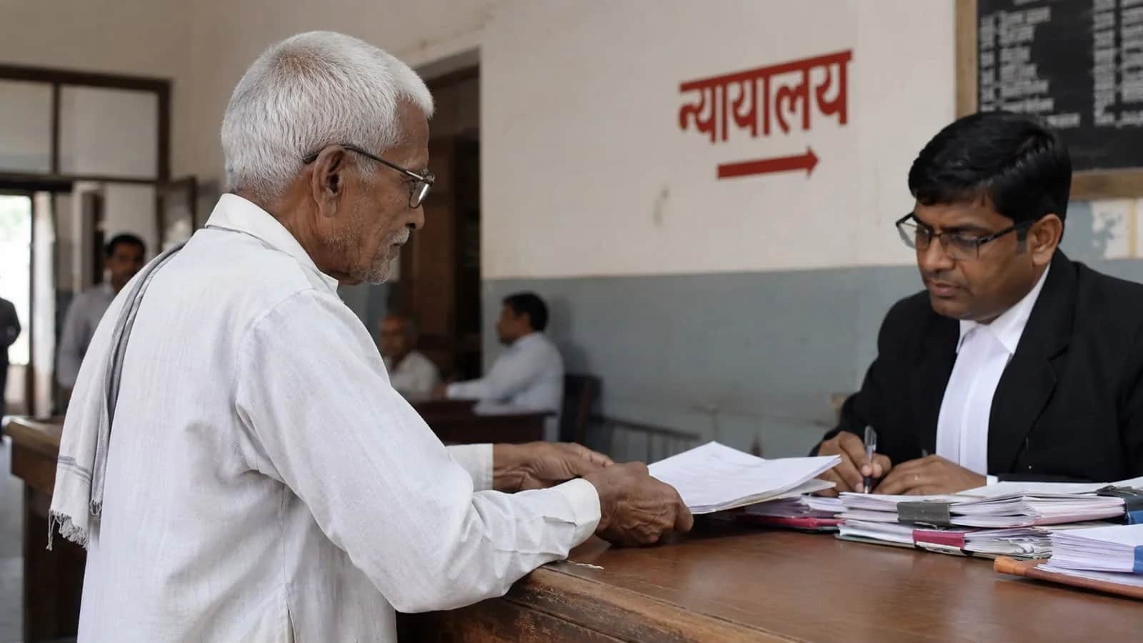 an elderly man submitting legal documents to a lawyer at a court office