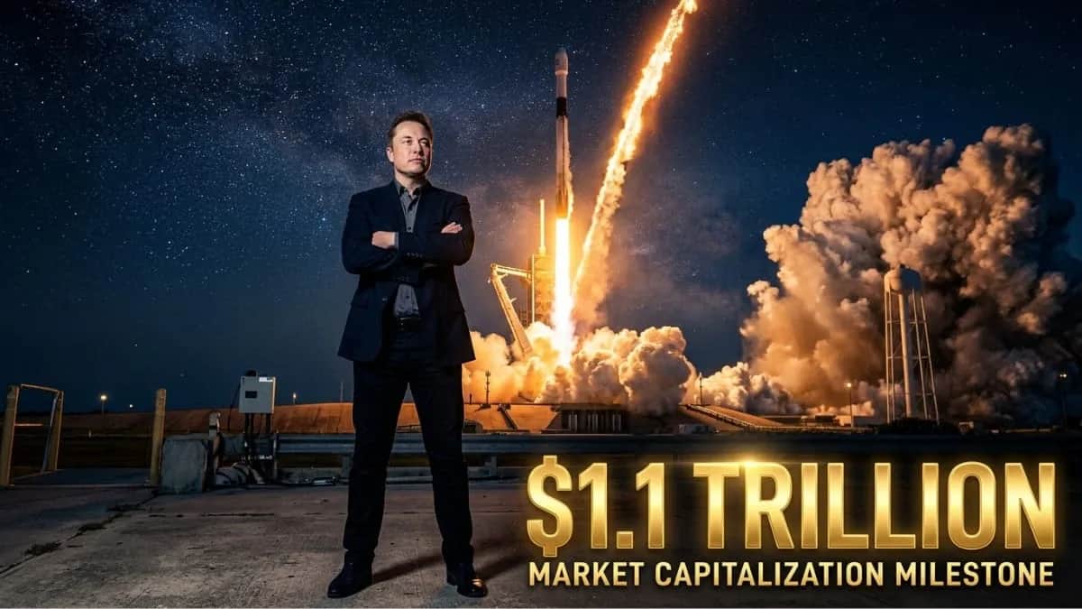 Elon Musk as trillionaire with SpaceX rocket launching triumphantly.