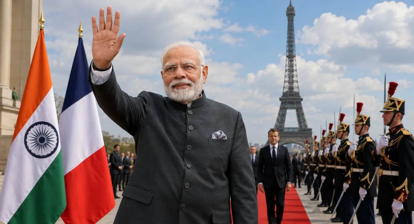 प्रधानमंत्री मोदी फ्रांस में एफिल टॉवर के सामने अभिवादन करते हुए.