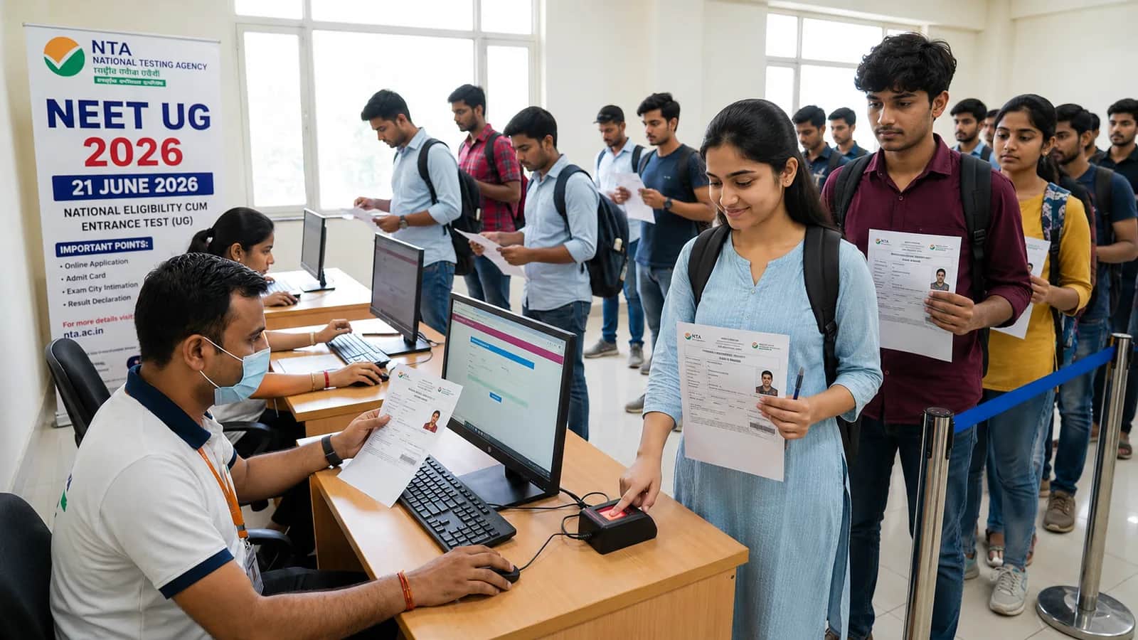 परीक्षा केंद्रों पर बायोमेट्रिक कराते अभ्यर्थी