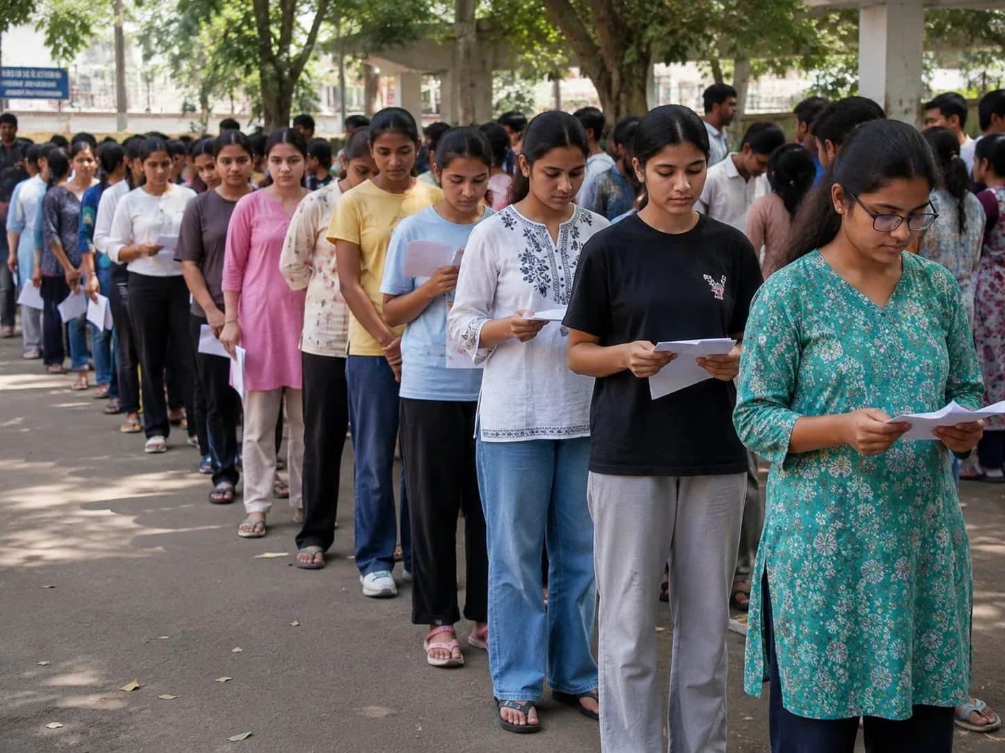 परीक्षा देने के लिए दस्तावेज़ हाथ में लेकर कतार में खड़े छात्र छात्रा