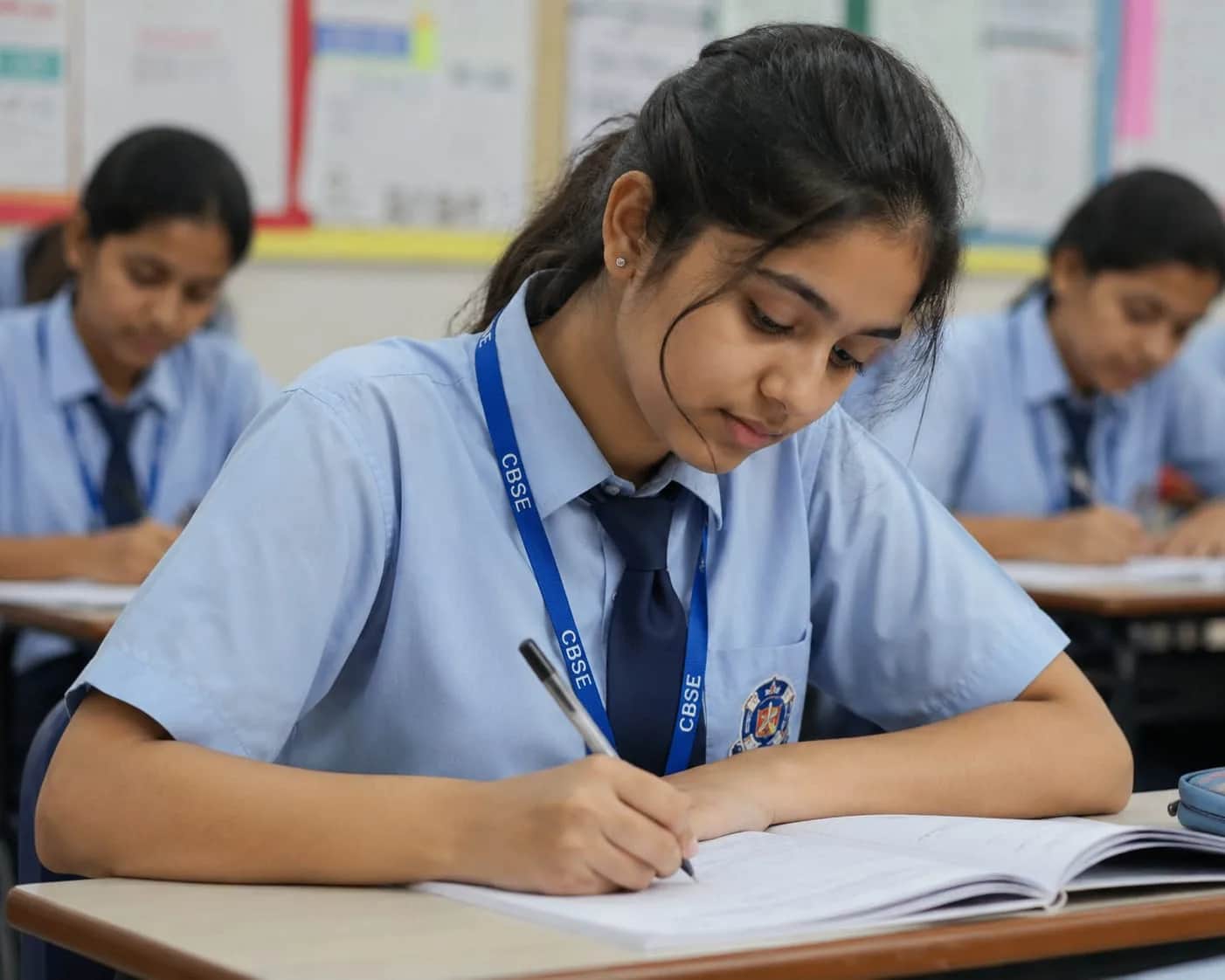 कक्षा में बैठकर परीक्षा लिखते हुए स्कूली छात्र