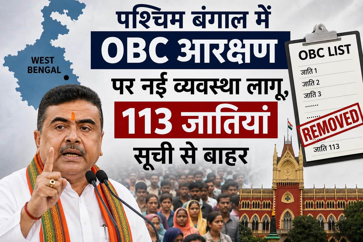 पश्चिम बंगाल सरकार ने OBC आरक्षण व्यवस्था में बड़ा बदलाव करते हुए 113 जातियों और उपजातियों को OBC सूची से बाहर कर दिया है. जानें नए कानून, हाई कोर्ट के फैसले और सरकार के तर्क से जुड़ी पूरी जानकारी.