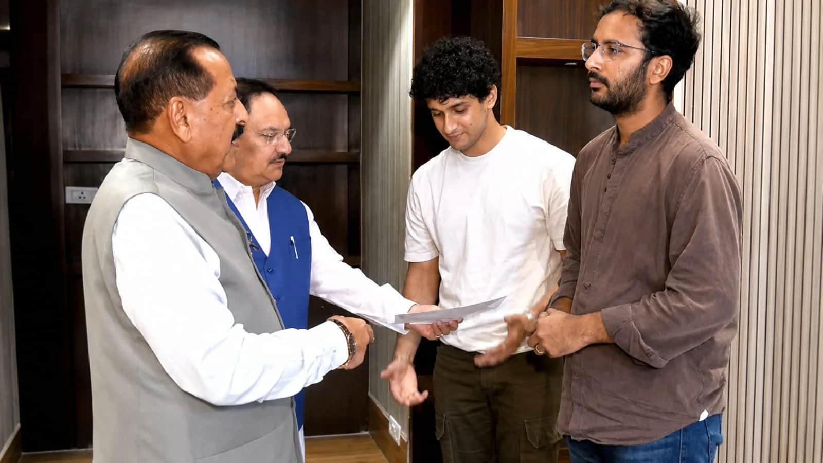 Union Minister J. P. Nadda with CJP spokespersons Saurav Das and Ashutosh Ranka