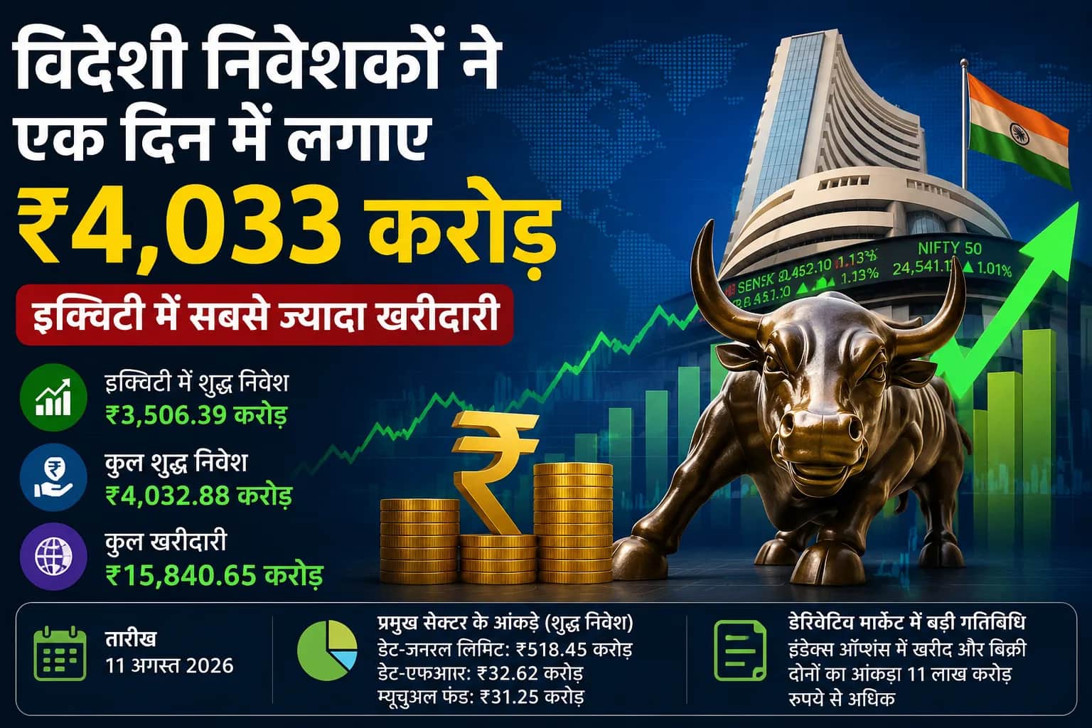 विदेशी निवेशकों ने एक दिन में लगाए ₹4,033 करोड़, इक्विटी में सबसे ज्यादा खरीदारी