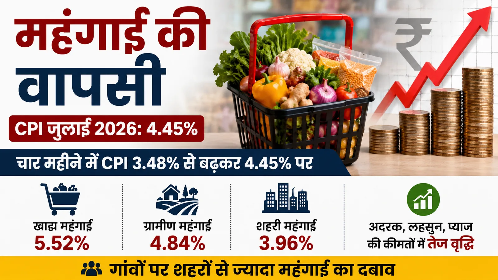 महंगाई की मार : चार महीने में CPI 3.48% से 4.45% पर, खाद्य महंगाई 5.52%; गांवों पर शहरों से ज्यादा