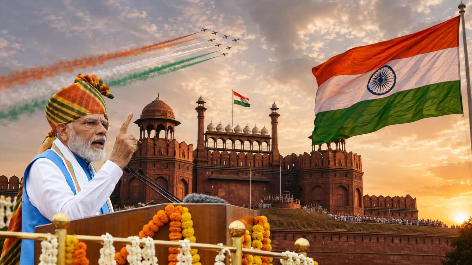 लाल किले के सामने भाषण देते प्रधानमंत्री मोदी