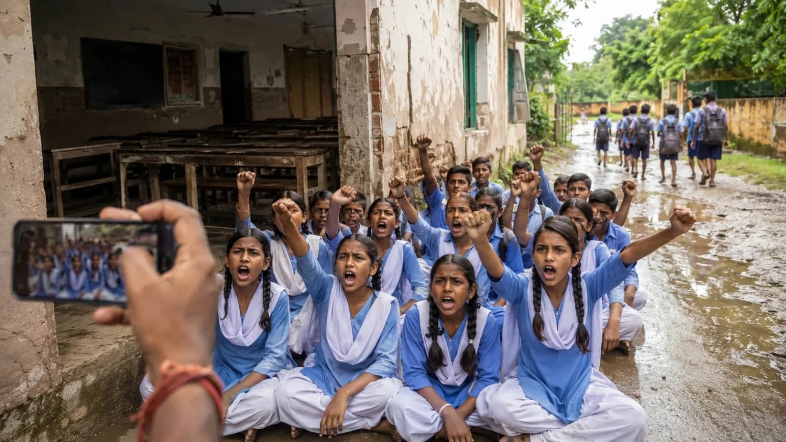 स्कूल में प्रदर्शन करते बच्चे